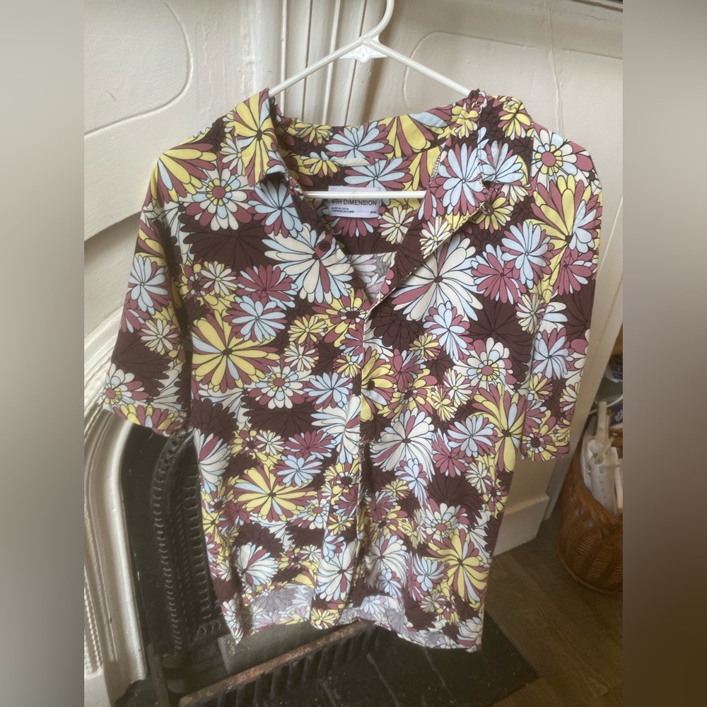 Brown and Yellow Casual Button Down Shirt with Floral Design